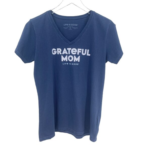 Life is Good Grateful Mom T-Shirt Women's Medium Navy Blue V-Neck Crusher Tee - Picture 1 of 10